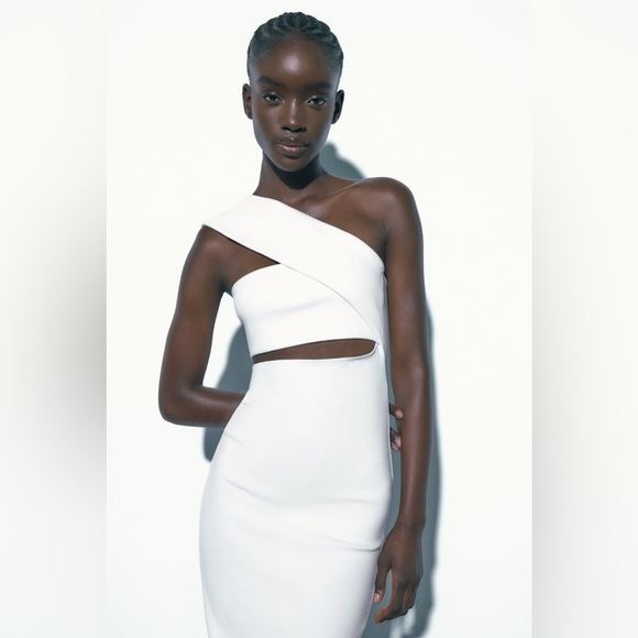 Zara white midi dress cropped one shoulder ribbed cotton fitted bodycon - Picture 13 of 16